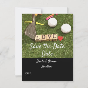 Golf ball and colourful tees and iron Save the Dat Postcard