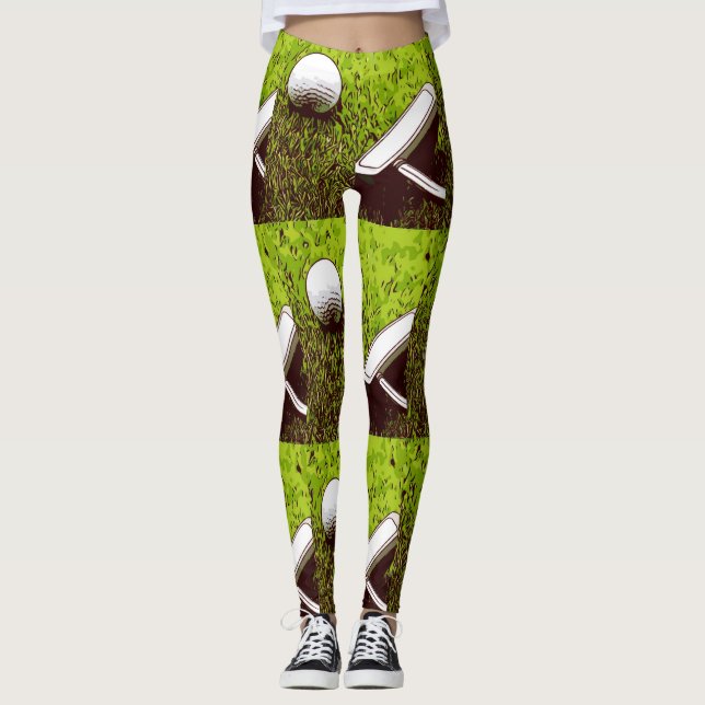 Golf ball and putter on green grass leggings (Front)