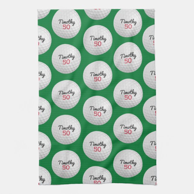 Golf Ball Birthday Party - 50th or Other Year Tea Towel (Vertical)