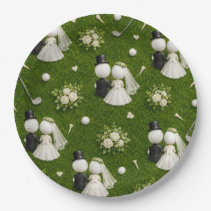 Golf ball bride and groom wedding on green grass paper plate