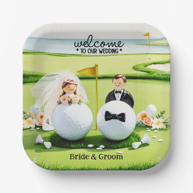 Golf ball Bride & Groom Welcome to our Wedding Paper Plate (Front)