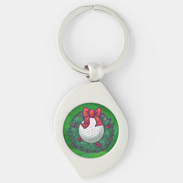 Golf Ball Christmas Wreath on Green Key Ring (Front)