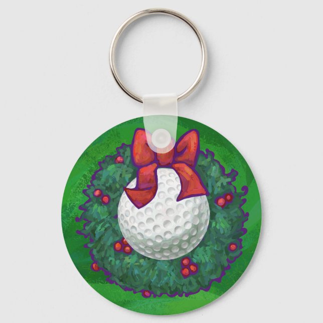 Golf Ball Christmas Wreath on Green Key Ring (Front)