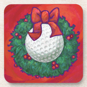 Golf Ball Christmas Wreath on Red Coaster