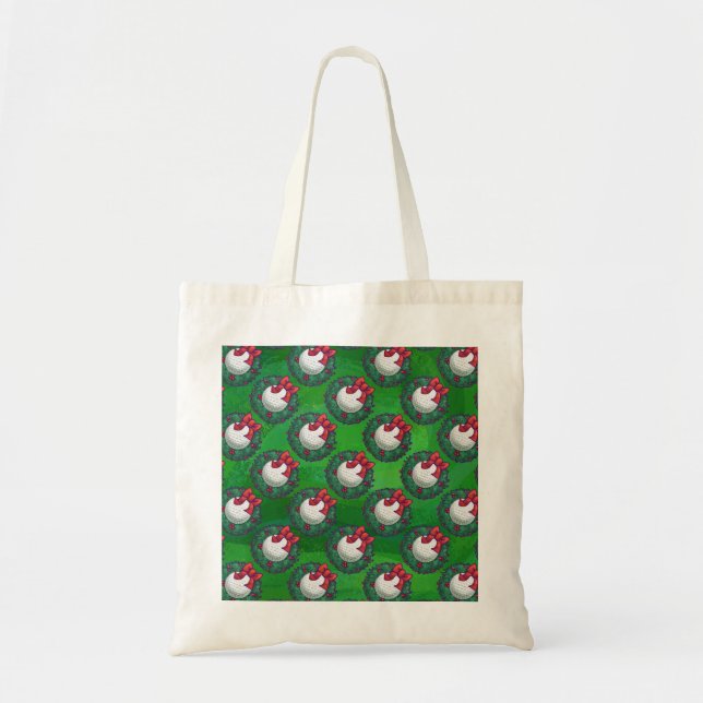 Golf Ball Christmas Wreath Pattern on Green Tote Bag (Front)