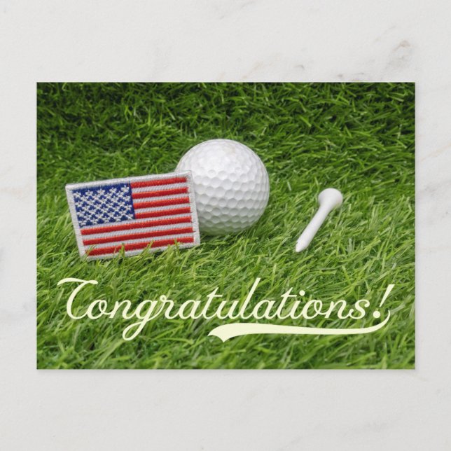 Golf  Ball Congratulations with flag of America Postcard (Front)