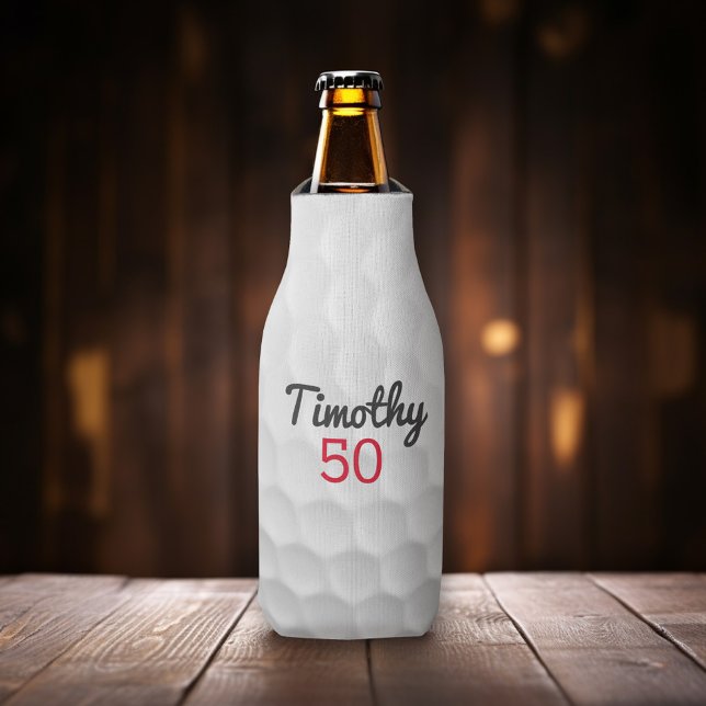Golf Ball Dimples with Black Name Red Number Bottle Cooler (Add your name to this golf themed personalized bottle cooler.)