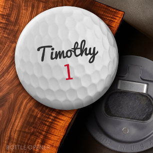 Golf Ball Dimples with Black Name Red Number Bottle Opener