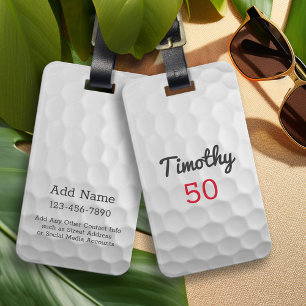 Golf Ball Dimples with Black Name Red Number Luggage Tag