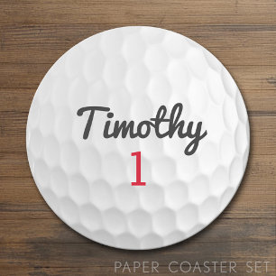 Golf Ball Dimples with Black Name Red Number Round Paper Coaster