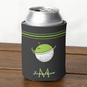 Golf Ball & Flag Custom Name Initial Striped Grey Can Cooler