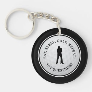 Golf Ball Golfer Silhouette Modern Monogram Black Key Ring