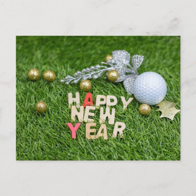Golf ball Happy New year with silver leaves Postcard (Front)
