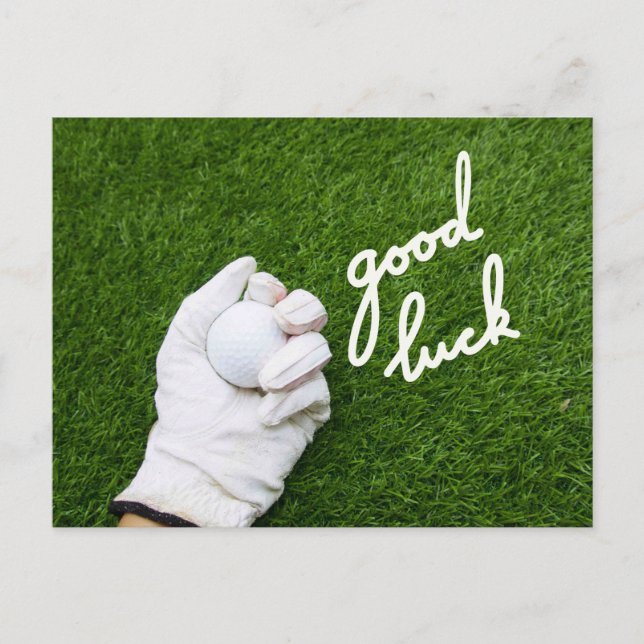 Golf ball in hand with GOOD LUCK word on green Postcard (Front)