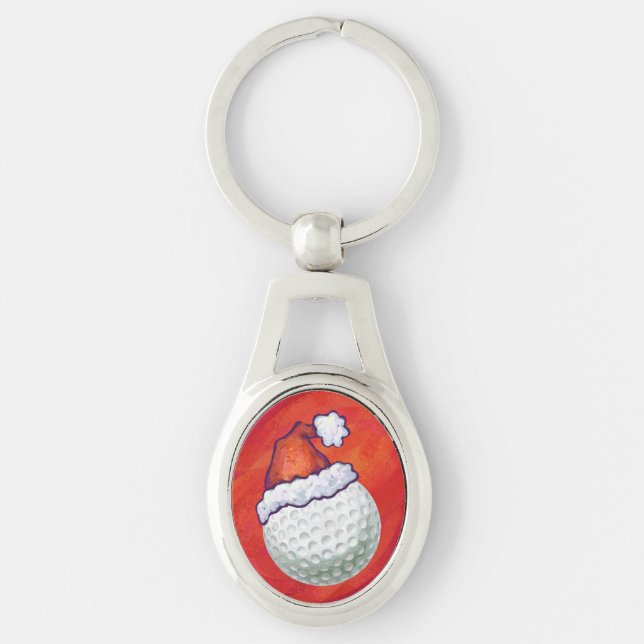 Golf Ball in Santa Hat on Red Key Ring (Front)