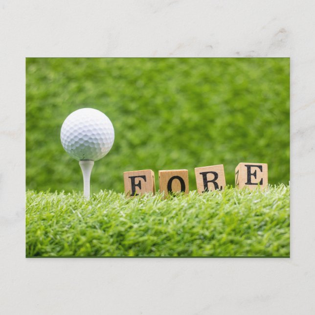 Golf ball is on green grass with word FORE Postcard (Front)