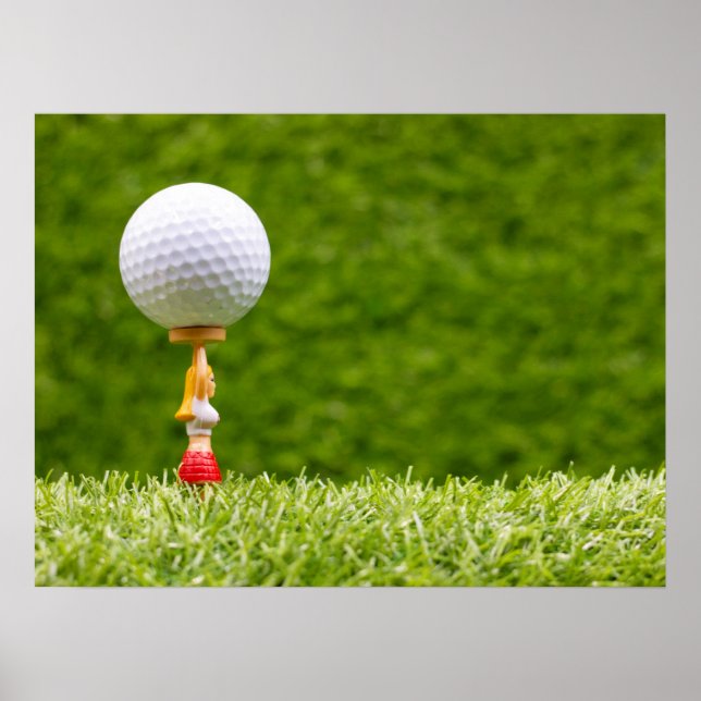 Golf ball is on tee on green grass background   poster (Front)