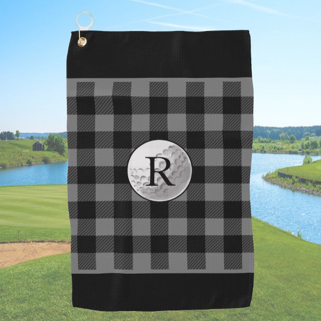 Golf ball monogrammed grey buffalo plaid custom golf towel (Creator Uploaded)