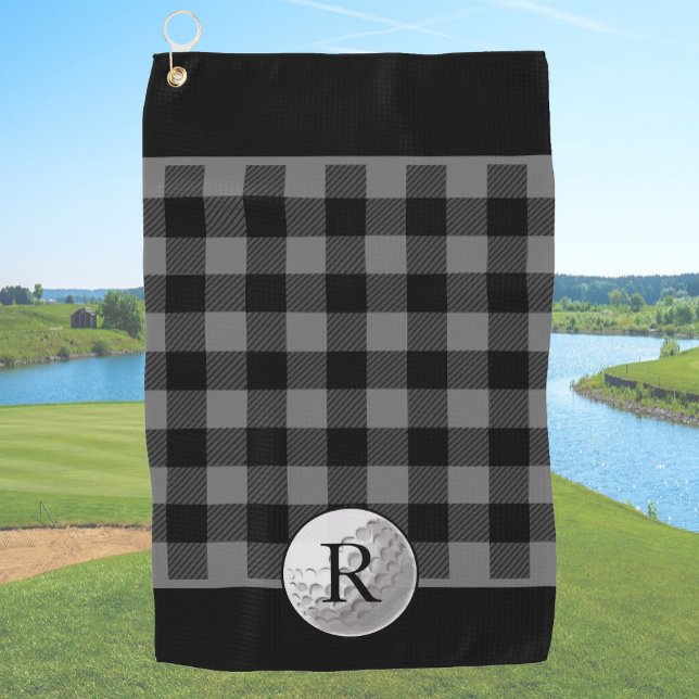 Golf ball monogrammed grey buffalo plaid custom towel (Creator Uploaded)