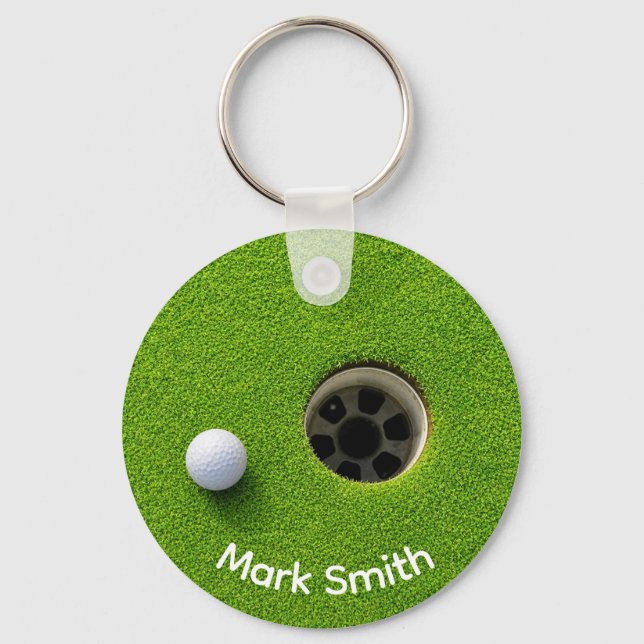 Golf Ball Next to Hole on Green Grass Golf Course  Key Ring (Front)