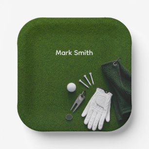 Golf Ball Next to Hole on Green Grass Golf Course Paper Plate