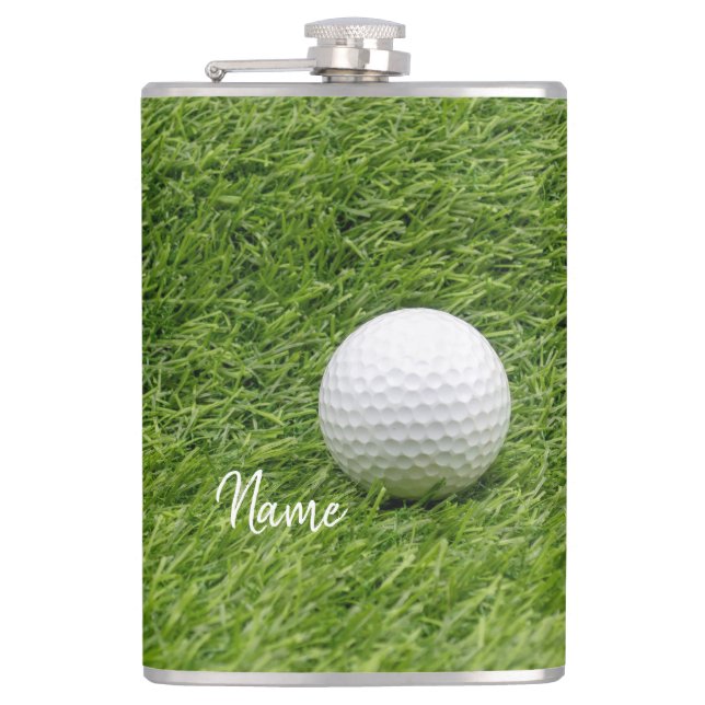 Golf ball on green grass hip flask (Front)