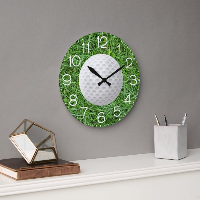 Golf Ball On Green Grass Large Clock (Office)