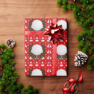 Golf ball on red Christmas Tree Wrapping Paper