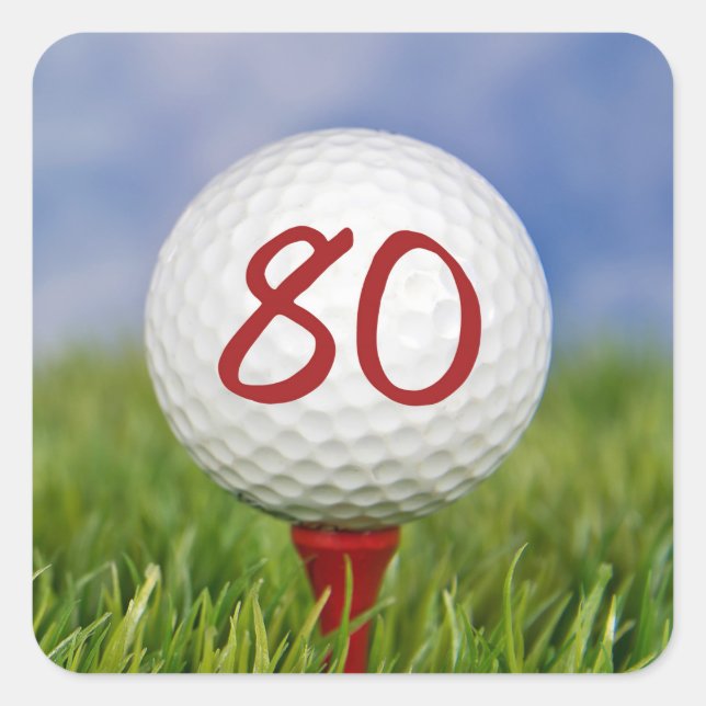 golf ball on red tee 80th birthday square sticker (Front)