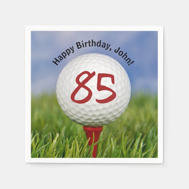 Golf ball on tee for 85th birthday napkin (Front)