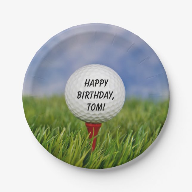 Golf ball on tee for birthday party paper plate (Front)