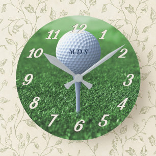 Golf Ball On Tee Green Monogrammed Golfer Clock