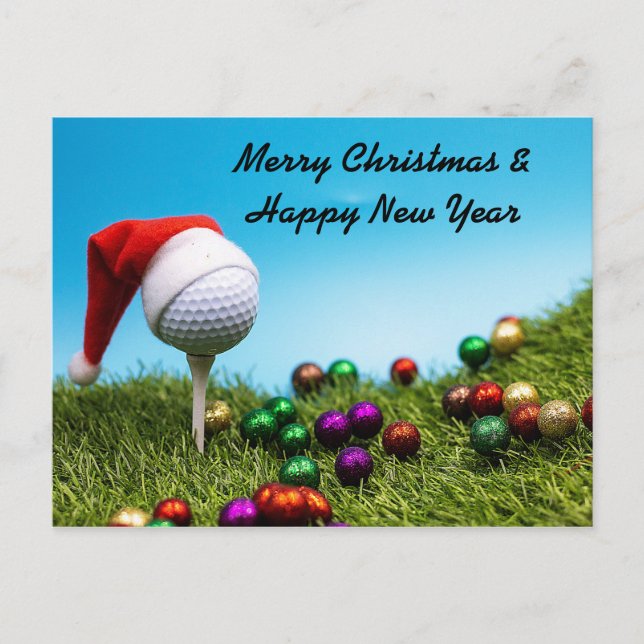 Golf ball on  tee with Santa hat for Christmas Postcard (Front)