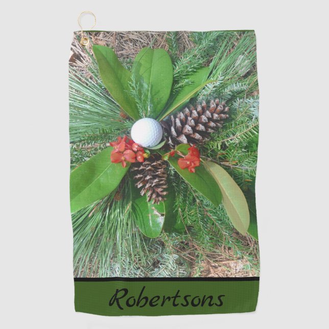 Golf ball pine cones and evergreens Christmas Golf Towel (Front)