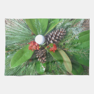 Golf ball pine cones and evergreens Christmas Tea Towel