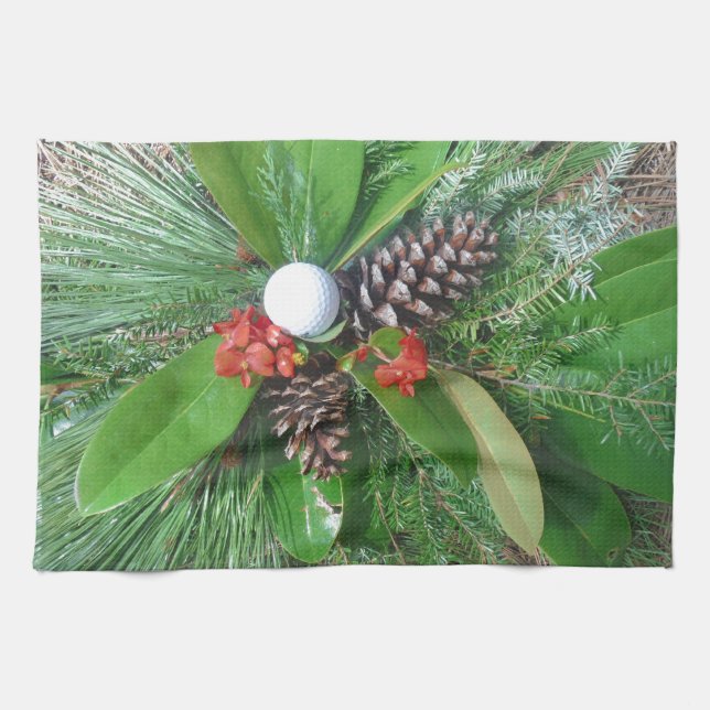 Golf ball pine cones and evergreens Christmas Tea Towel (Horizontal)