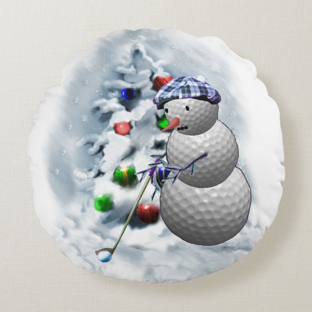 Golf Ball Snowman Christmas Round Cushion (Front)