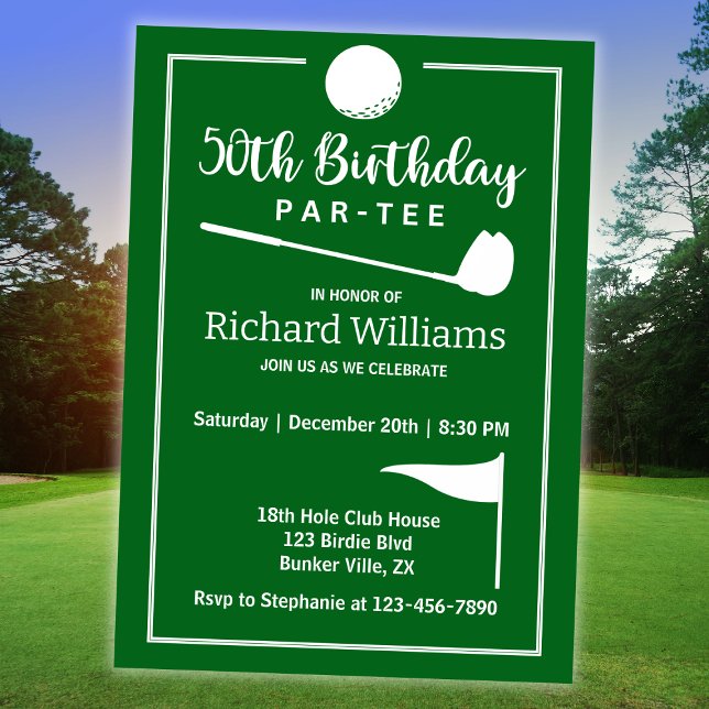 Golf Ball Tee Flag Green Modern 50th Birthday Invitation (Creator Uploaded)