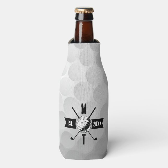 Golf Ball Texture & Club Initial Monogram   Bottle Cooler (Bottle Front)