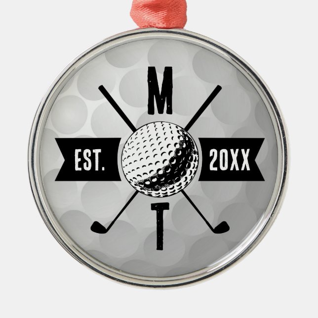 Golf Ball Texture & Club Initial Monogram  Metal Tree Decoration (Front)