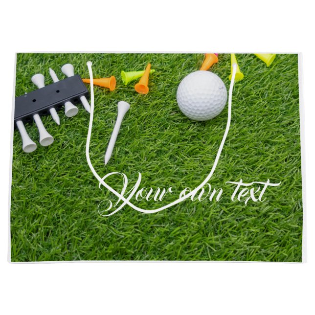 Golf ball with colourful tees on green grass large gift bag (Front)