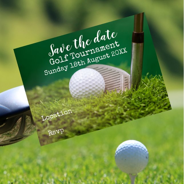 Golf ball with golf club on green save the date announcement postcard (Creator Uploaded)
