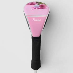 Golf ball with pink ribbon and pink roses on pink head cover
