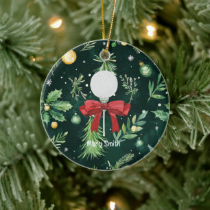 Golf Ball with red ribbon Ceramic Tree Decoration