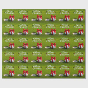 Golf ball with red ribbon on green grass wrapping paper