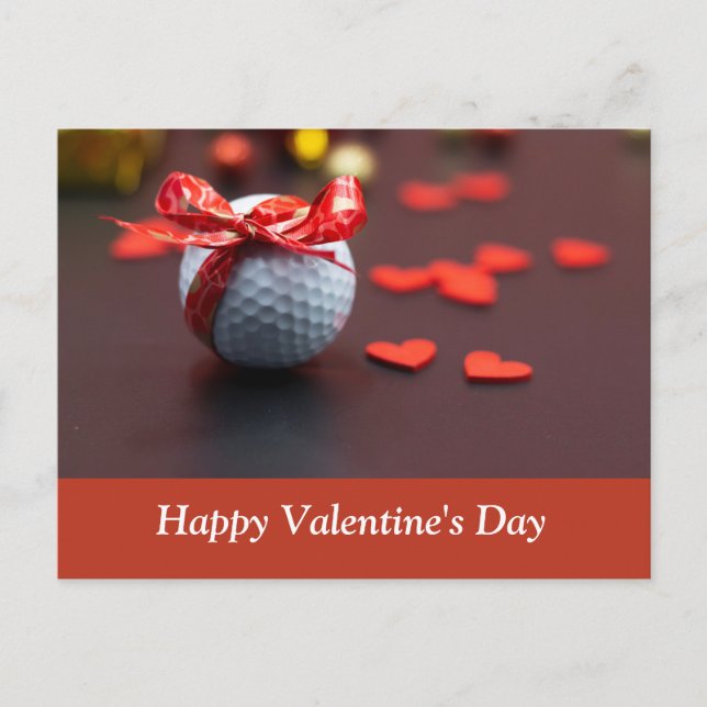 Golf ball with red ribbon with love red hearts postcard (Front)