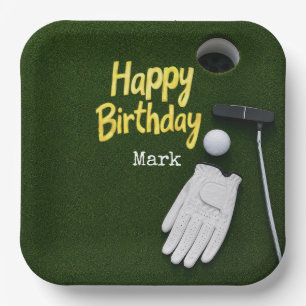Golf ball with tee on green grass golfer birthday paper plate