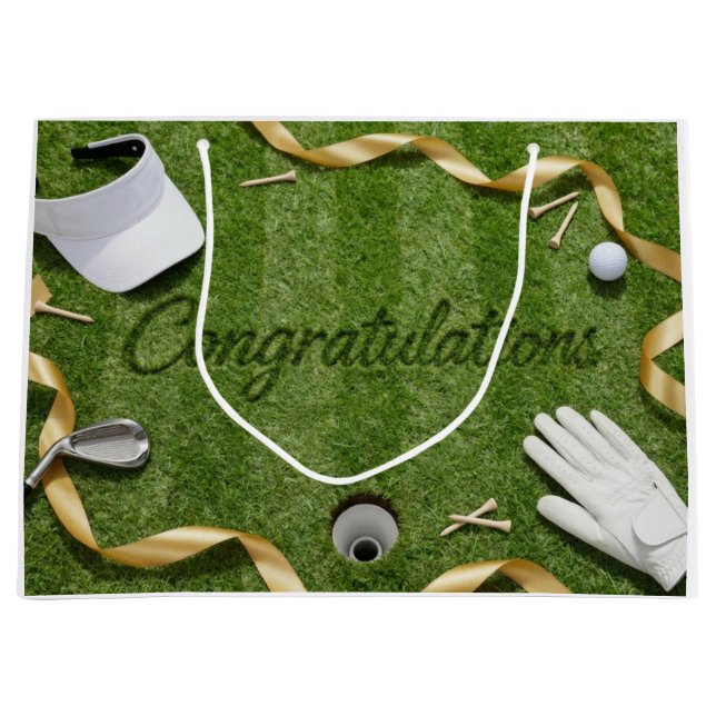 Golf ball with text Congratulations on green grass Large Gift Bag (Front)