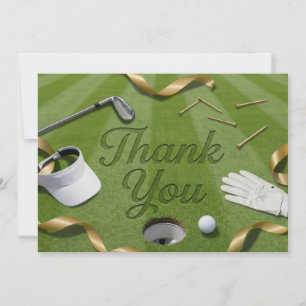 Golf ball with text Thank you on green grass Card