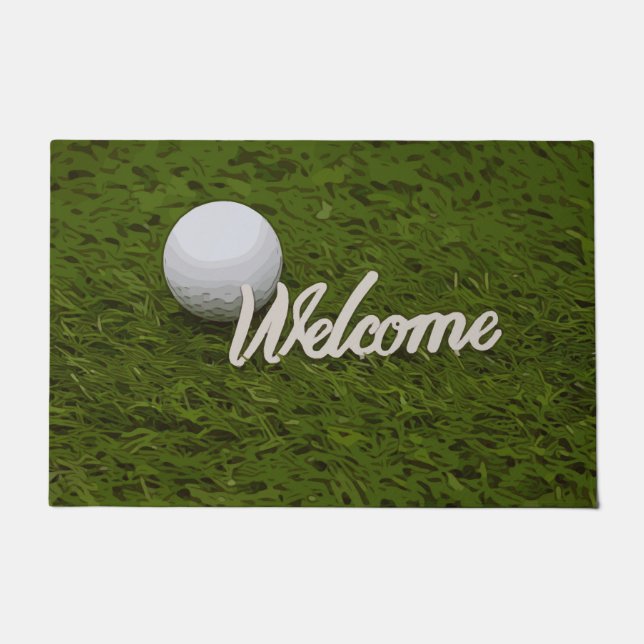 Golf ball with welcome for golfer on green grass doormat (Front)